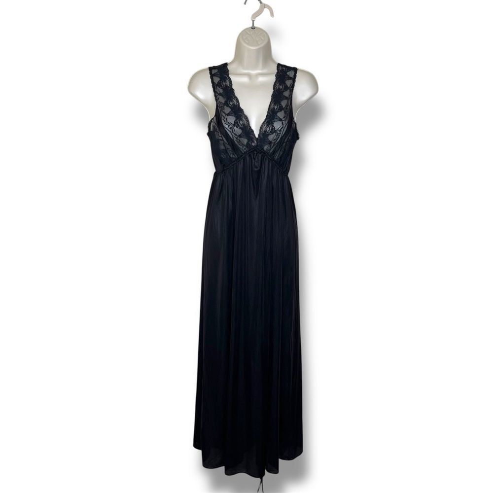 Vintage Texsheen Black Lace Nylon Long Nightgown Peignoir Chemise Women Small - Picture 2 of 14